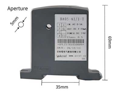 Dimension
	



Wiring

Cable Wiring of BA Series Current Transducer with DC Current Output	
Cable Wiring of BA Series Current Transducer with DC Voltage Output


Installation

Screw fixed installation

On the bottom panel of the cabinet, choose a suitable place to open two threaded holes corresponding to the position of the fixed hole of the installed sensor; After placing the sensor, install the positioning screw	
Din Rail installation

Choose a suitable place to install the standard DIN35mm rail,and install the BA sensor on the rail.