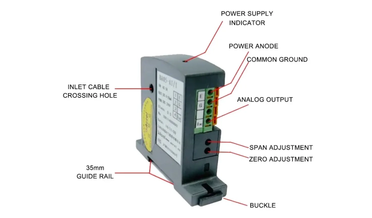Dimension
	



Wiring

Cable Wiring of BA Series Current Transducer with DC Current Output	
Cable Wiring of BA Series Current Transducer with DC Voltage Output


Installation

Screw fixed installation

On the bottom panel of the cabinet, choose a suitable place to open two threaded holes corresponding to the position of the fixed hole of the installed sensor; After placing the sensor, install the positioning screw	
Din Rail installation

Choose a suitable place to install the standard DIN35mm rail,and install the BA sensor on the rail.