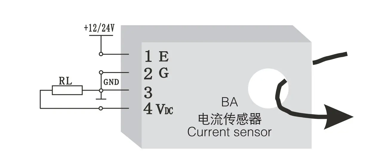 Dimension
	



Wiring

Cable Wiring of BA Series Current Transducer with DC Current Output	
Cable Wiring of BA Series Current Transducer with DC Voltage Output


Installation

Screw fixed installation

On the bottom panel of the cabinet, choose a suitable place to open two threaded holes corresponding to the position of the fixed hole of the installed sensor; After placing the sensor, install the positioning screw	
Din Rail installation

Choose a suitable place to install the standard DIN35mm rail,and install the BA sensor on the rail.